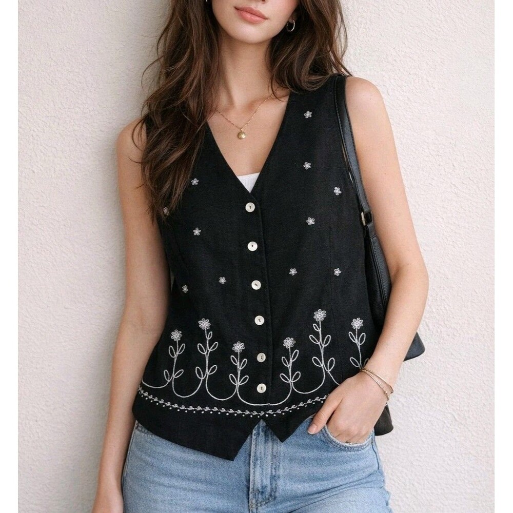 Talbots Embroidered Floral Linen Button Vest - Petite L